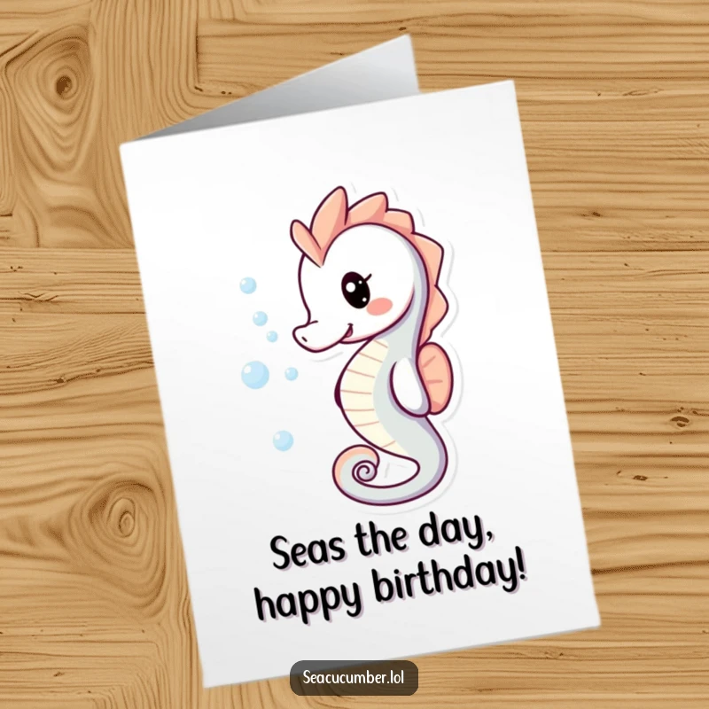 Funny Free Printable Birthday Card: A playful smiling seahorse surrounded by bubbles, sending happy birthday wishes from the ocean deep.