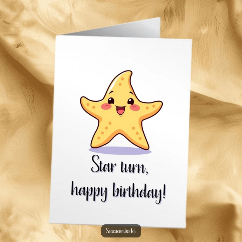 Funny Free Printable Birthday Card: A cheerful starfish doing a happy spin, sending excited birthday wishes from the sunny sea.