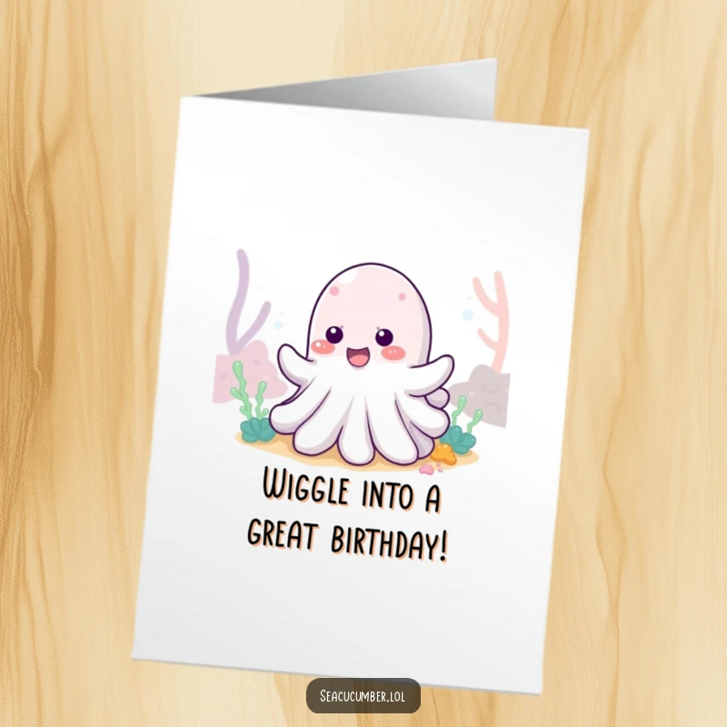 Funny Free Printable Birthday Card: Cheerful sea cucumber wiggles with pure delight on the ocean floor.