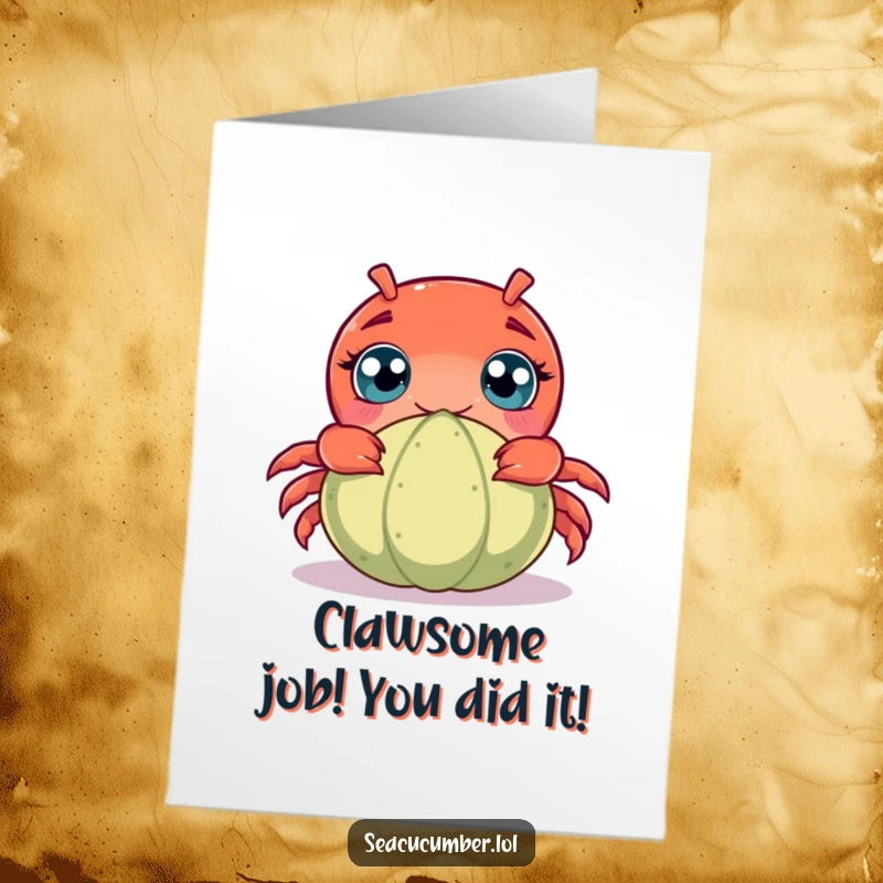 Funny Free Printable Congratulations Card showing a curious crab with wide eyes peeking out, celebrating achievements with delight.