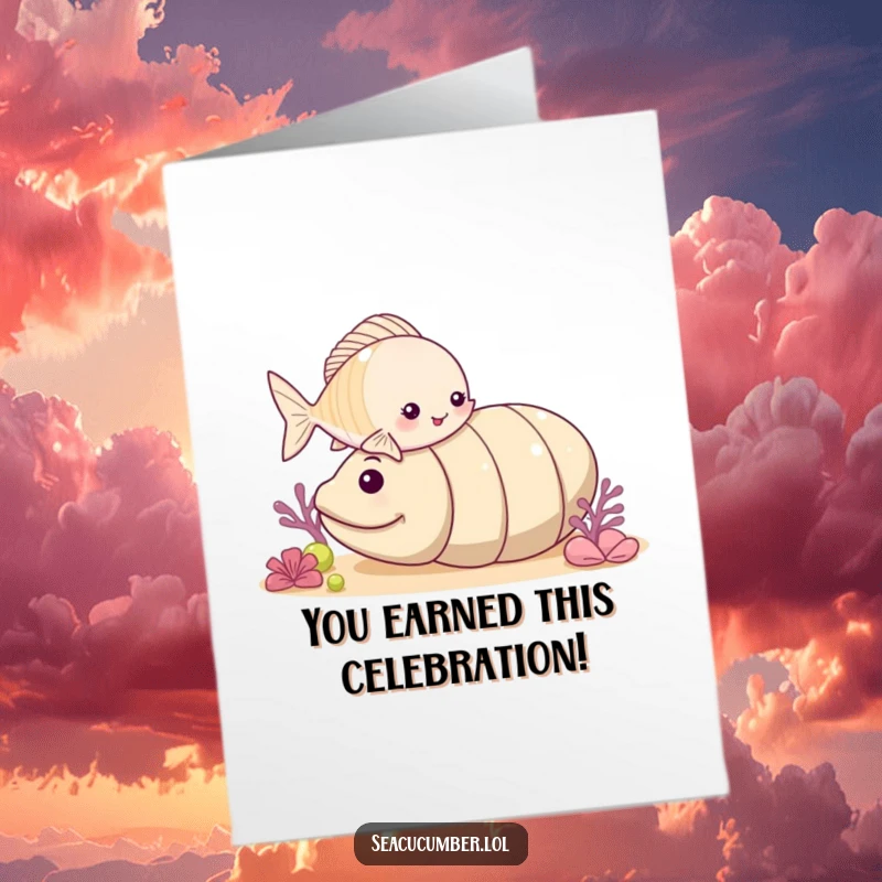 Funny Free Printable Congratulations Card: A small fish playfully nudging a rolling sea cucumber, great for celebrating success with a downloadable card.