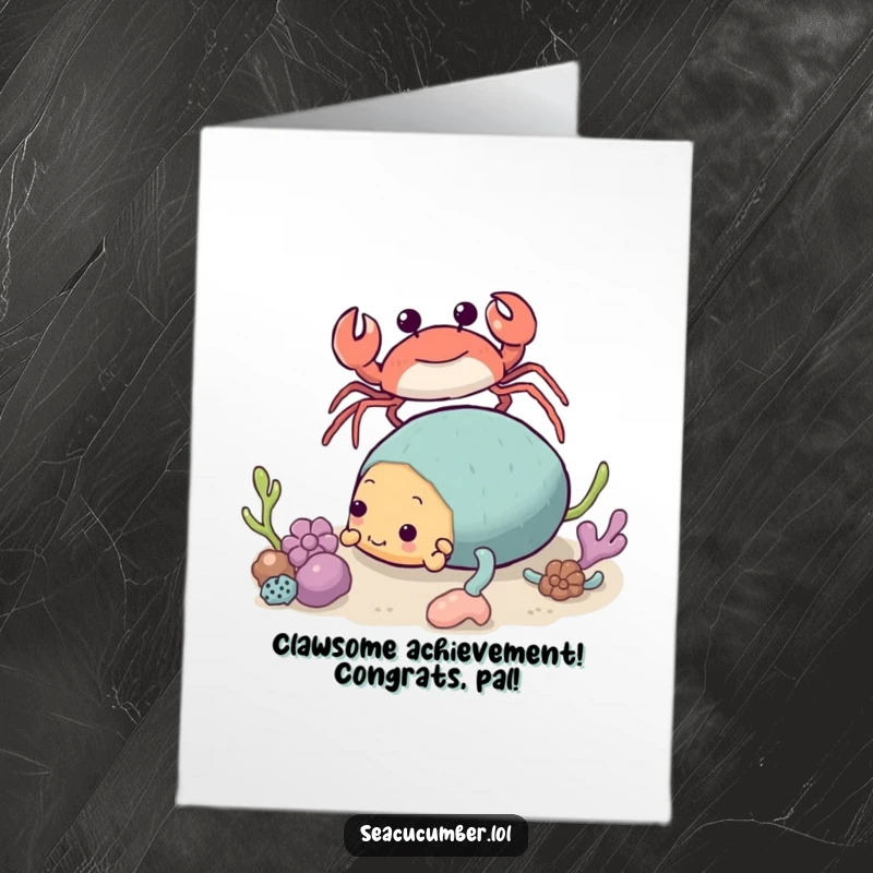Funny free printable congratulations card: A friendly crab cautiously approaches a happily tumbling sea cucumber, an odd pairing.