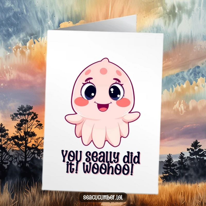 Funny free printable congratulations card: A happy sea cucumber with big eyes wiggles joyfully to celebrate your achievement.