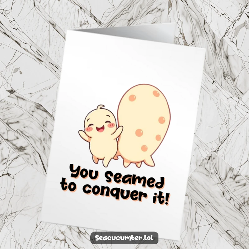 Funny Free Printable Congratulations Card showing a happy baby sea cucumber wiggling joyfully beside a larger, content sea cucumber.
