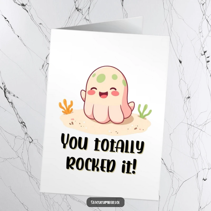 Funny Free Printable Congratulations Card featuring a smiling sea cucumber happily bouncing on a soft sandy ocean floor.
