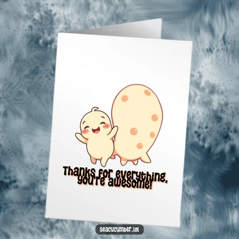 Funny Free Printable Thank You Card with a happy baby sea cucumber wiggling with joy next to a larger one, conveying thanks.