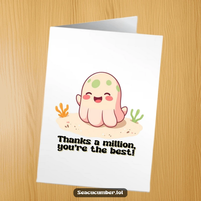 Funny Free Printable Thank You Card of a smiling sea cucumber playfully bouncing on a soft sandy bottom, expressing thanks.