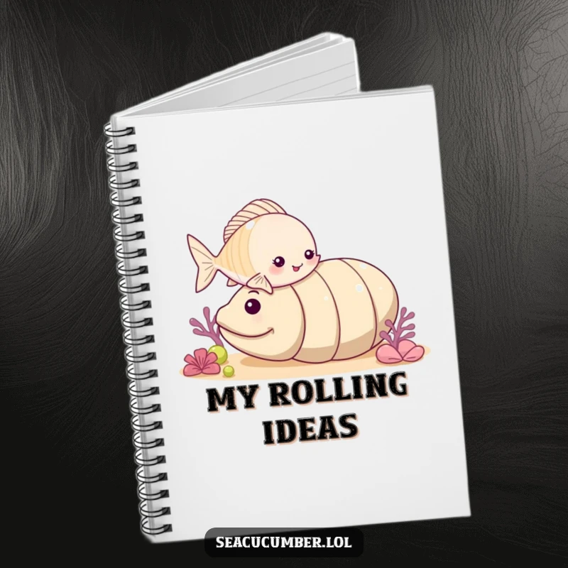 Funny small fish playfully nudging a rolling sea cucumber, cute and inspiring notebook for everyday use.