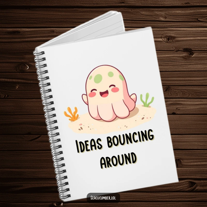 Funny notebook featuring a smiling seacucumber playfully bouncing on a soft sandy bottom, perfect for jotting down fun ideas.