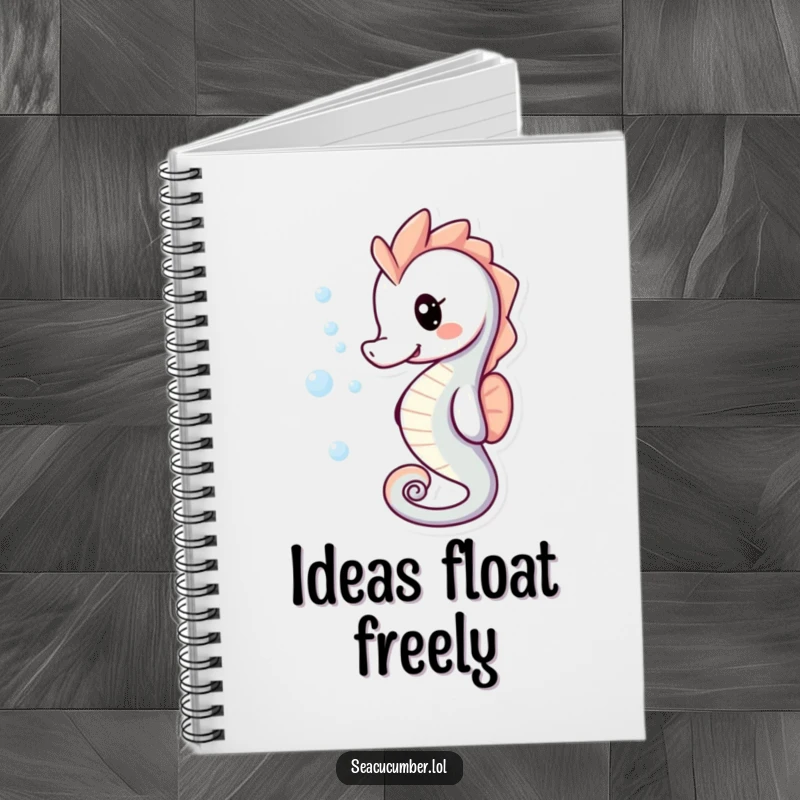 Funny Notebook featuring a playful smiling seahorse with bubbles trailing behind it.