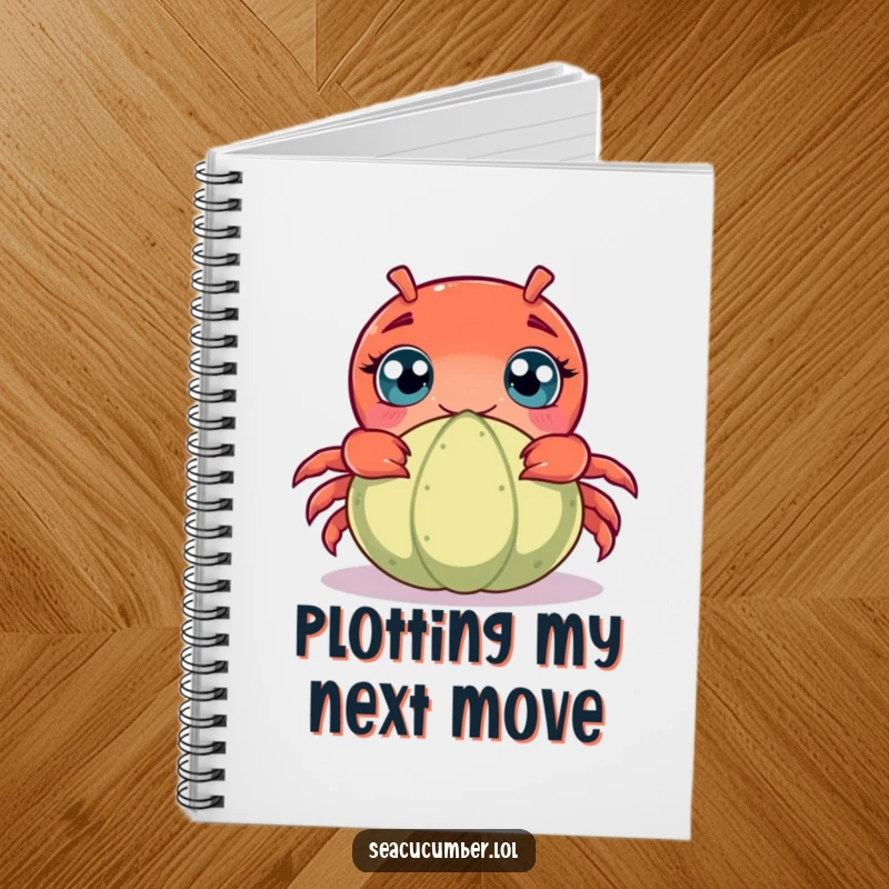Funny notebook with a curious crab peeking from behind a seacucumber, designed for jotting down notes with a humorous ocean theme.
