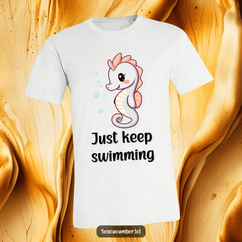 Funny T-Shirt depicting a playful smiling seahorse with delightful bubbles trailing behind it.