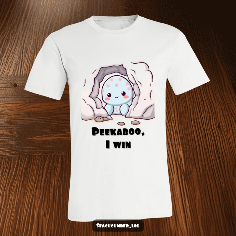 Funny sea cucumber character with a shy smile peeking out from behind a rock, cute ocean animal graphic tee.