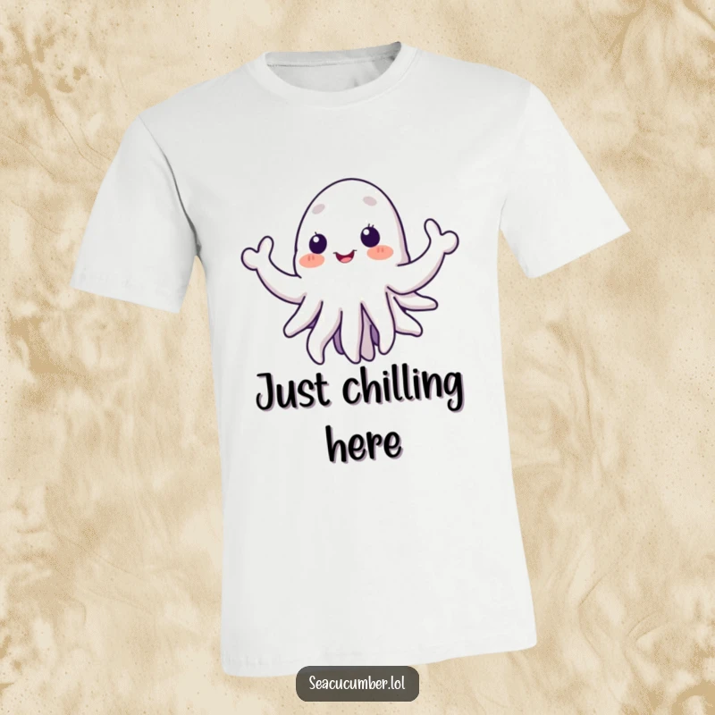 Funny sea cucumber t-shirt showcasing a happy marine creature with open tentacles, radiating warmth and humor. Ideal for casual wear.