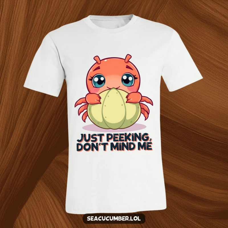 Funny t-shirt with a wide-eyed, curious crab peeking from behind a small seacucumber, capturing a moment of ocean surprise humor.