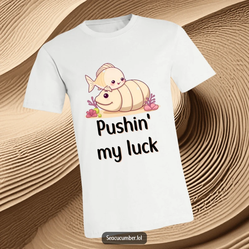 Funny small fish playfully nudging a rolling sea cucumber, cute ocean creature t-shirt design.