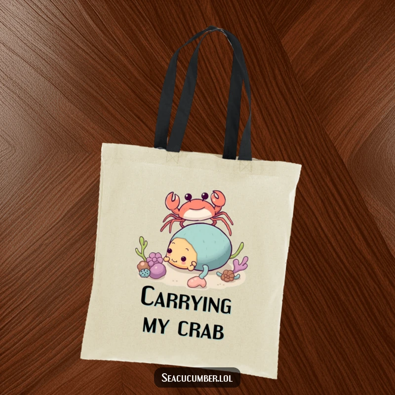 Funny Crab Tote Bag approaching a tumbling Sea Cucumber, a humorous and practical accessory for beachgoers.