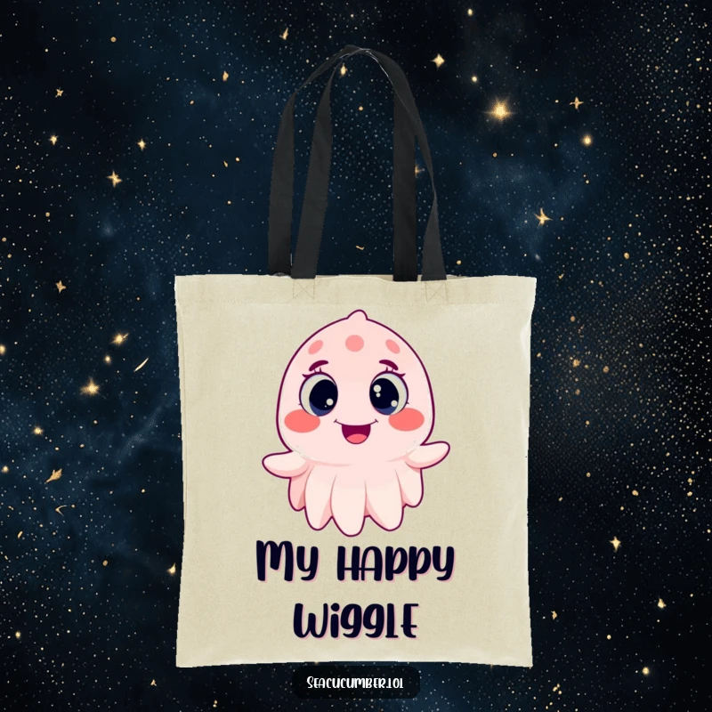 Funny Sea Cucumber Tote Bag wiggling joyfully with wide, happy eyes, a humorous and practical accessory.
