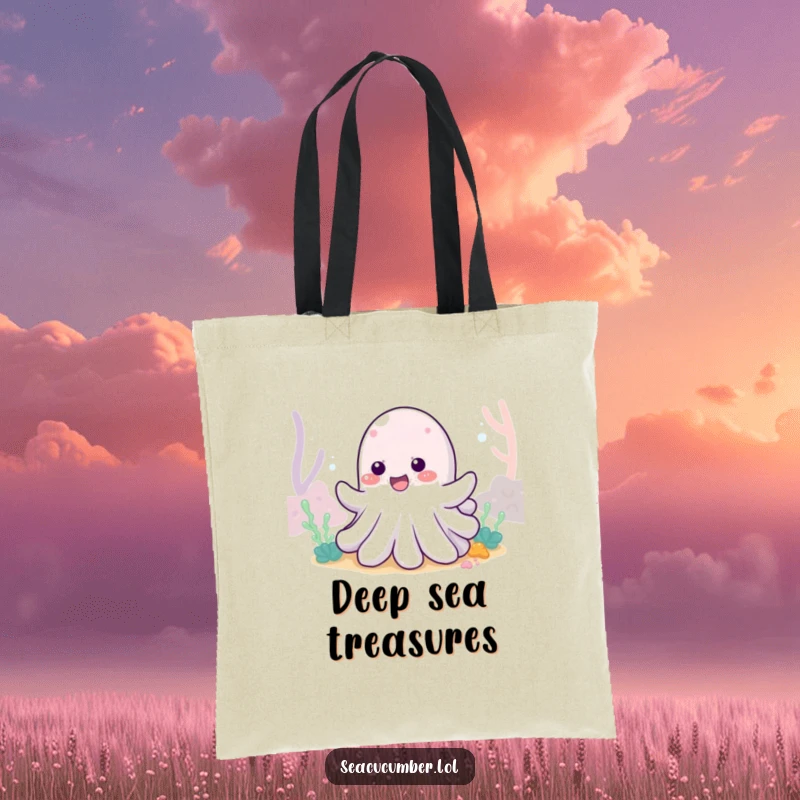 Funny Sea Cucumber Tote Bag featuring a cheerful sea cucumber wiggling with delight, a charming and practical ocean accessory.