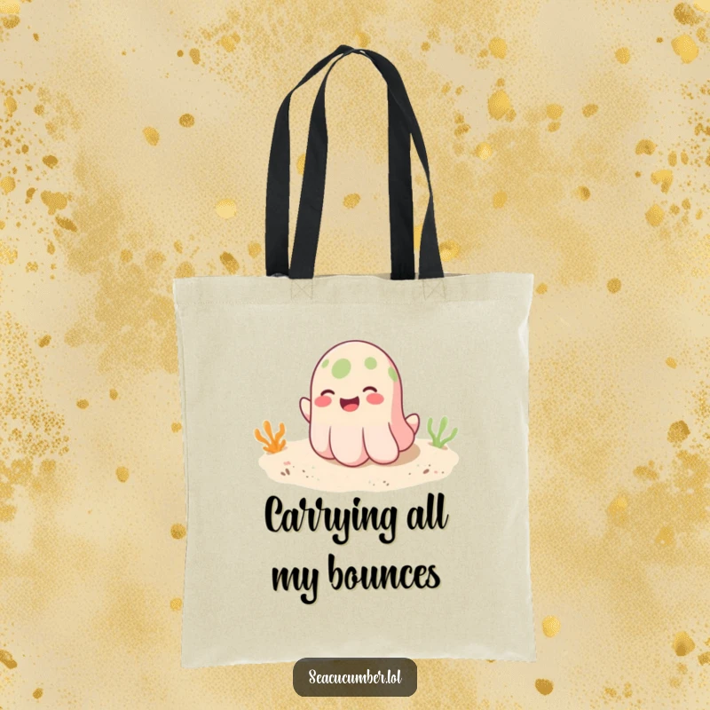 Funny tote bag featuring a smiling seacucumber playfully bouncing on a soft sandy bottom, perfect for carrying fun.