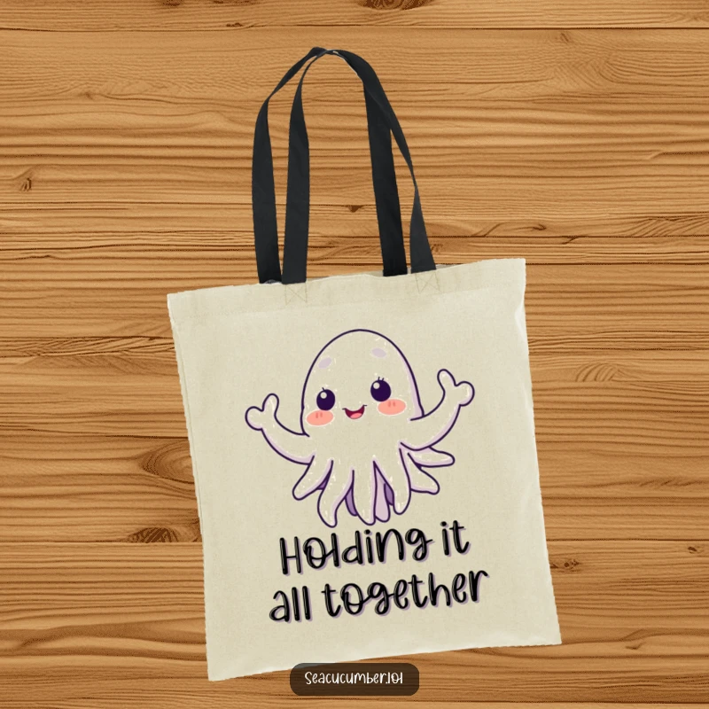 Funny sea cucumber tote bag, showing a happy creature with outreached tentacles, ideal for carrying groceries with a humorous touch.
